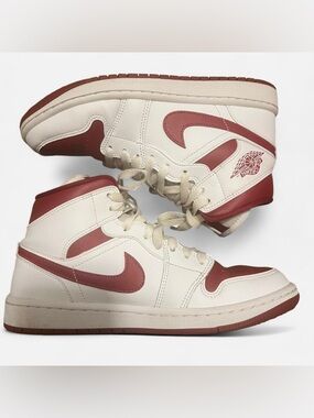 Women’s Jordan Mid Sneakers in Cream and Dusty Red